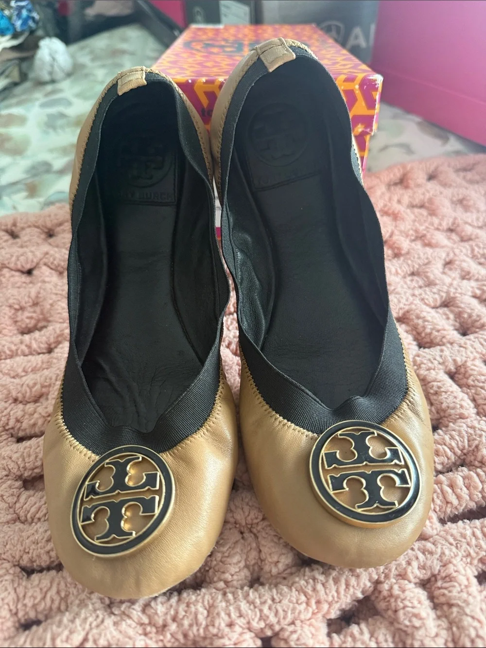 Tory Burch Gold Leather Logo Ballet Flats with Black Trim